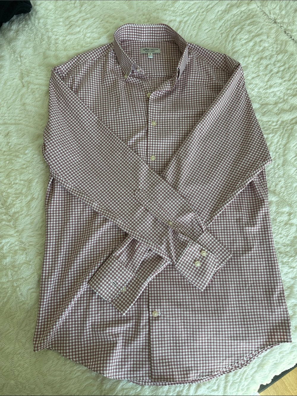 Peter Millar Maroon and White Gingham Dress Shirt